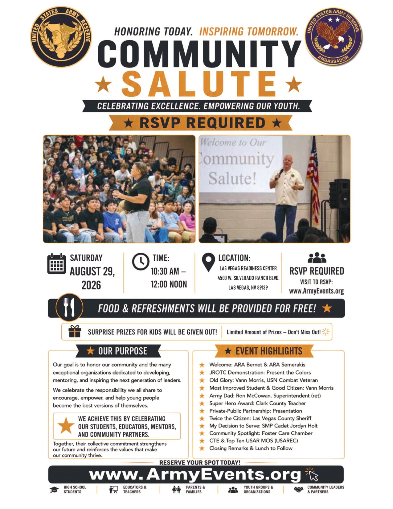 Community Salute event flyer — Saturday August 29, 2026, Las Vegas Readiness Center, 10:30 AM to 12:00 Noon. RSVP required at www.ArmyEvents.org